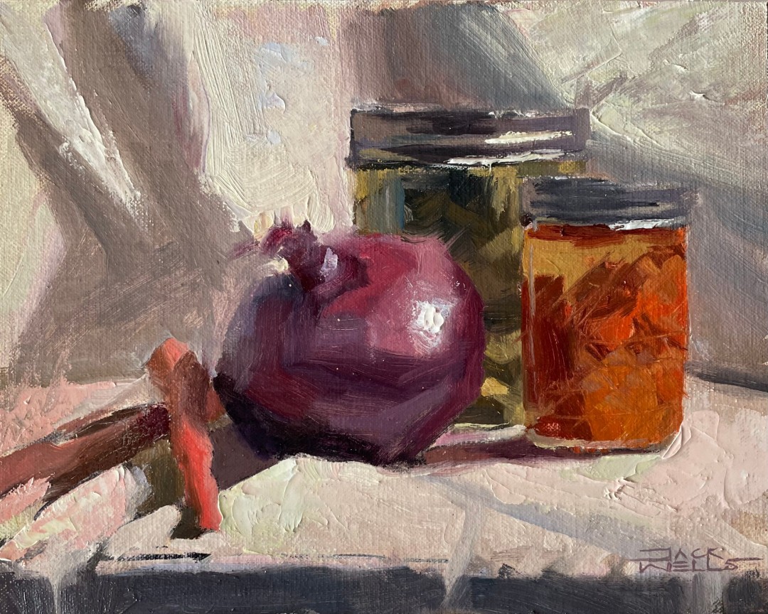 12th Annual PleinAir Salon Art Competition Annual Awards Semi-Finalist Jack Wells Canned Vegetables and Jars Still Life Oil Painting