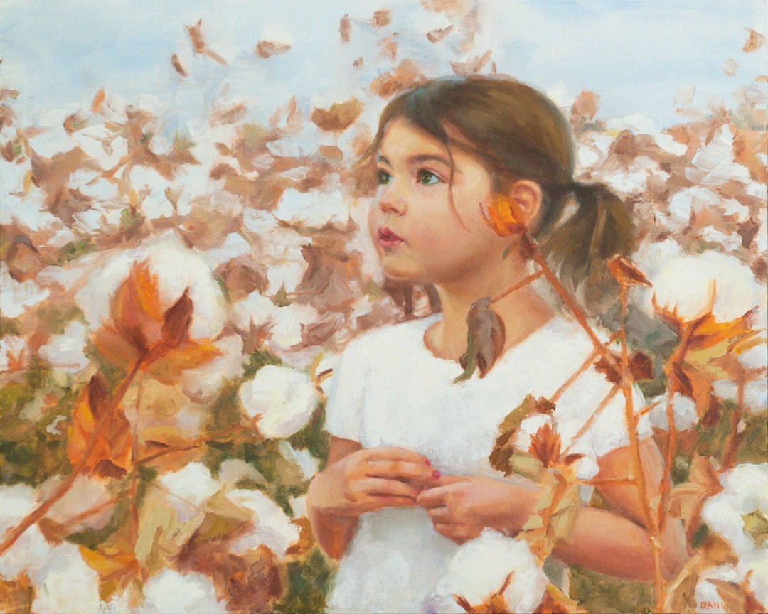 12th Annual PleinAir Salon Art Competition Annual Awards Semi-Finalist Dani Wheeler Rows of Fluffy Fluffiness Child in Cottonfield Oil Painting