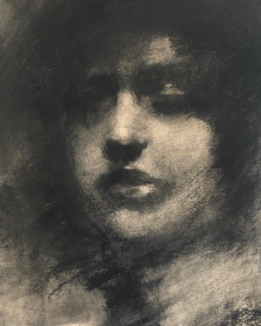 12th Annual PleinAir Salon Art Competition Annual Awards Semi-Finalist Megan Whitfield Out of the Dark Female Portrait Charcoal Drawing