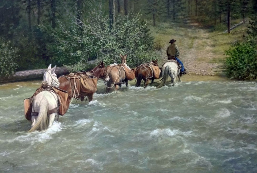 12th Annual PleinAir Salon Art Competition Annual Awards Semi-Finalist Kaye York Fording the River Horse Crossing River Landscape Oil Painting