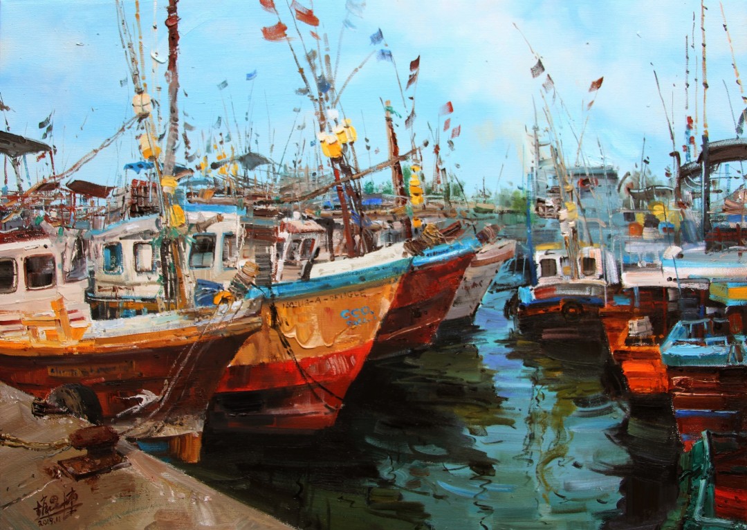 12th Annual PleinAir Salon Art Competition Annual Awards Semi-Finalist Sidong Zhao Colored Boats Marina Waterscape Oil Painting