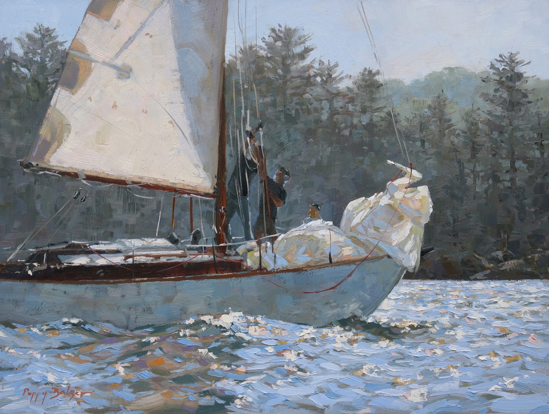 PleinAir Salon Online Art Competition February 2023 Top 100 Finalist Poppy Balser Adjusting the Lines Sailboat Painting