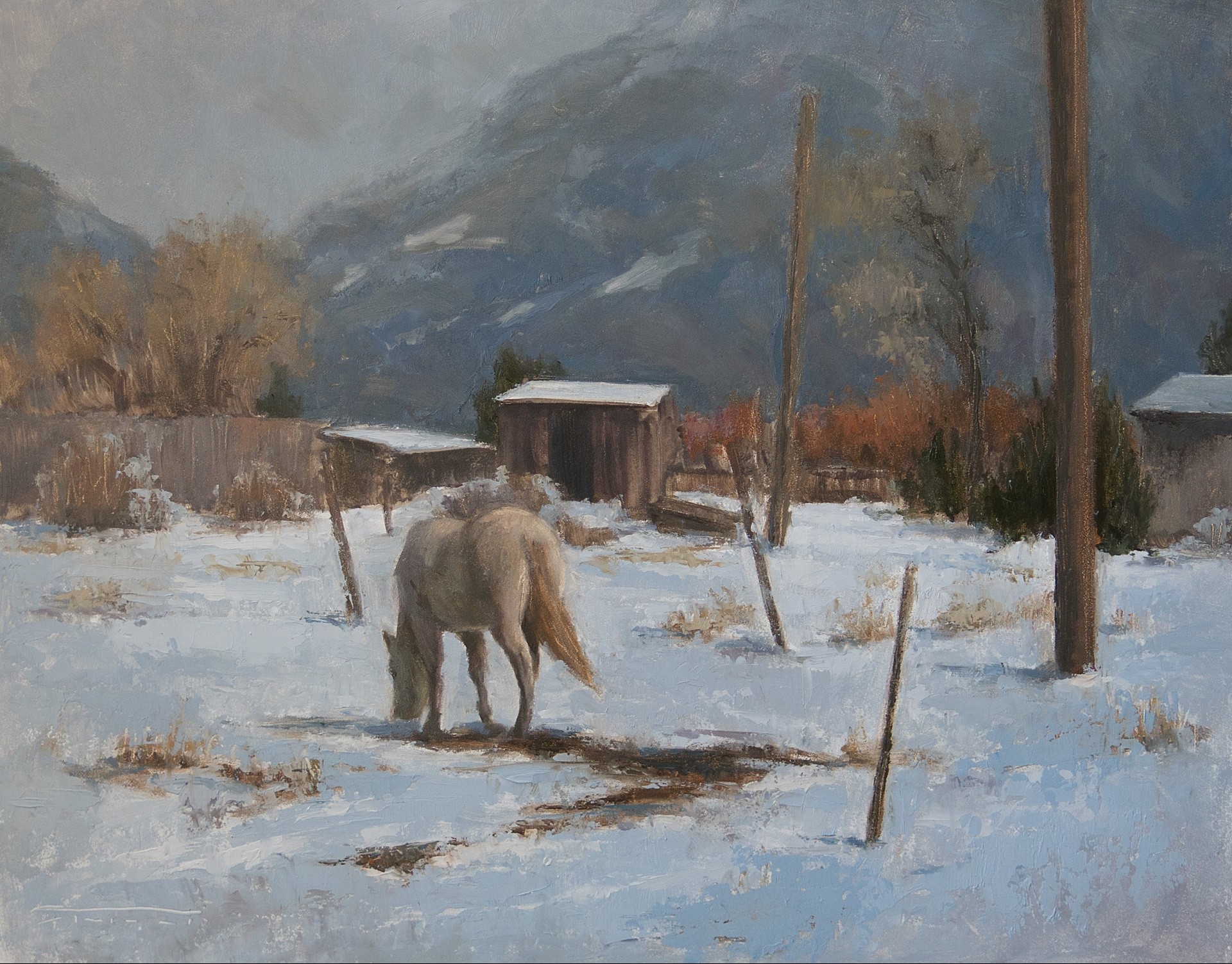 PleinAir Salon Online Art Competition February 2023 Top 100 Finalist Jane Hunt Winter Ranch Study Horse in Snowscape Oil Painting