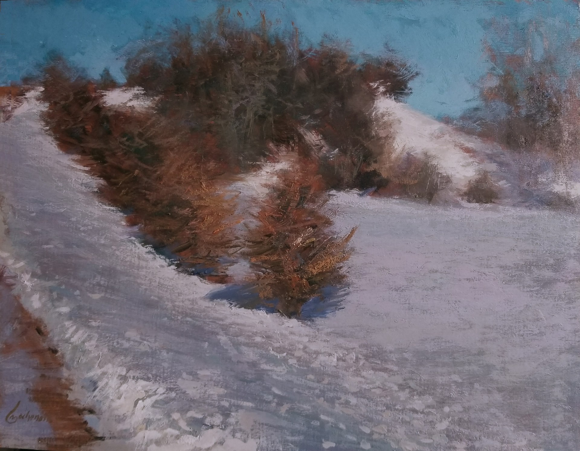 PleinAir Salon Online Art Competition February 2023 Top 100 Finalist Richard Kochenash Plowing Past the Cedars Snow Scape Oil Painting