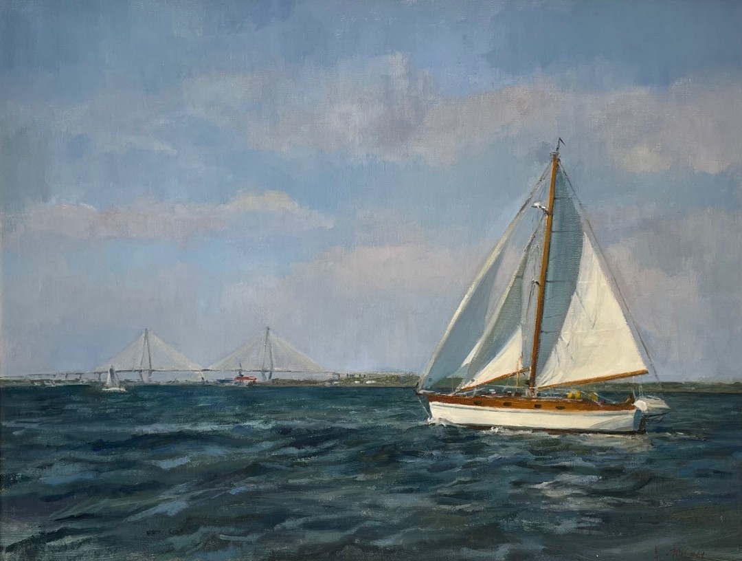 PleinAir Salon Online Art Competition February 2023 Top 100 Finalist Jennifer McCooey Smooth Sailing Sailboat Seascape Oil Painting