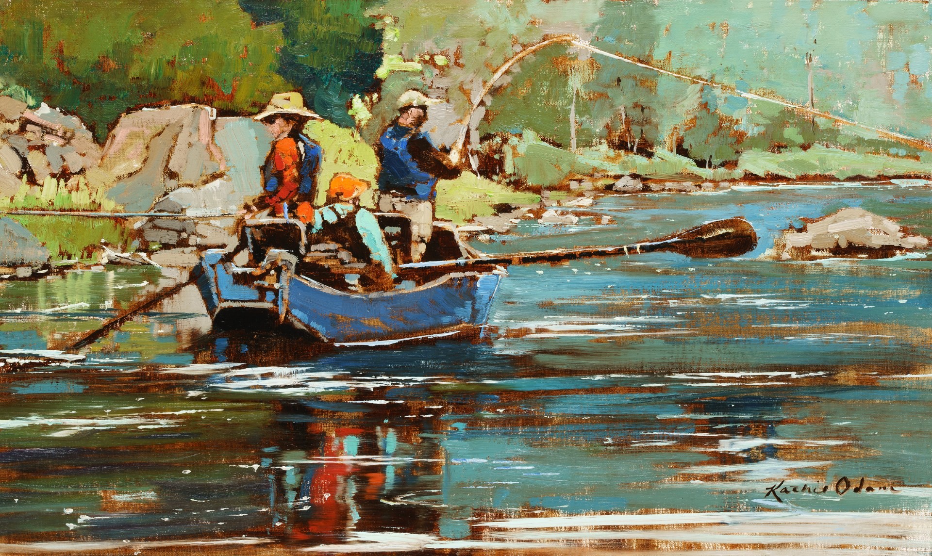 PleinAir Salon Online Art Competition February 2023 Top 100 Finalist Kathie Odom The Green River Fishing Boat on River Oil Painting