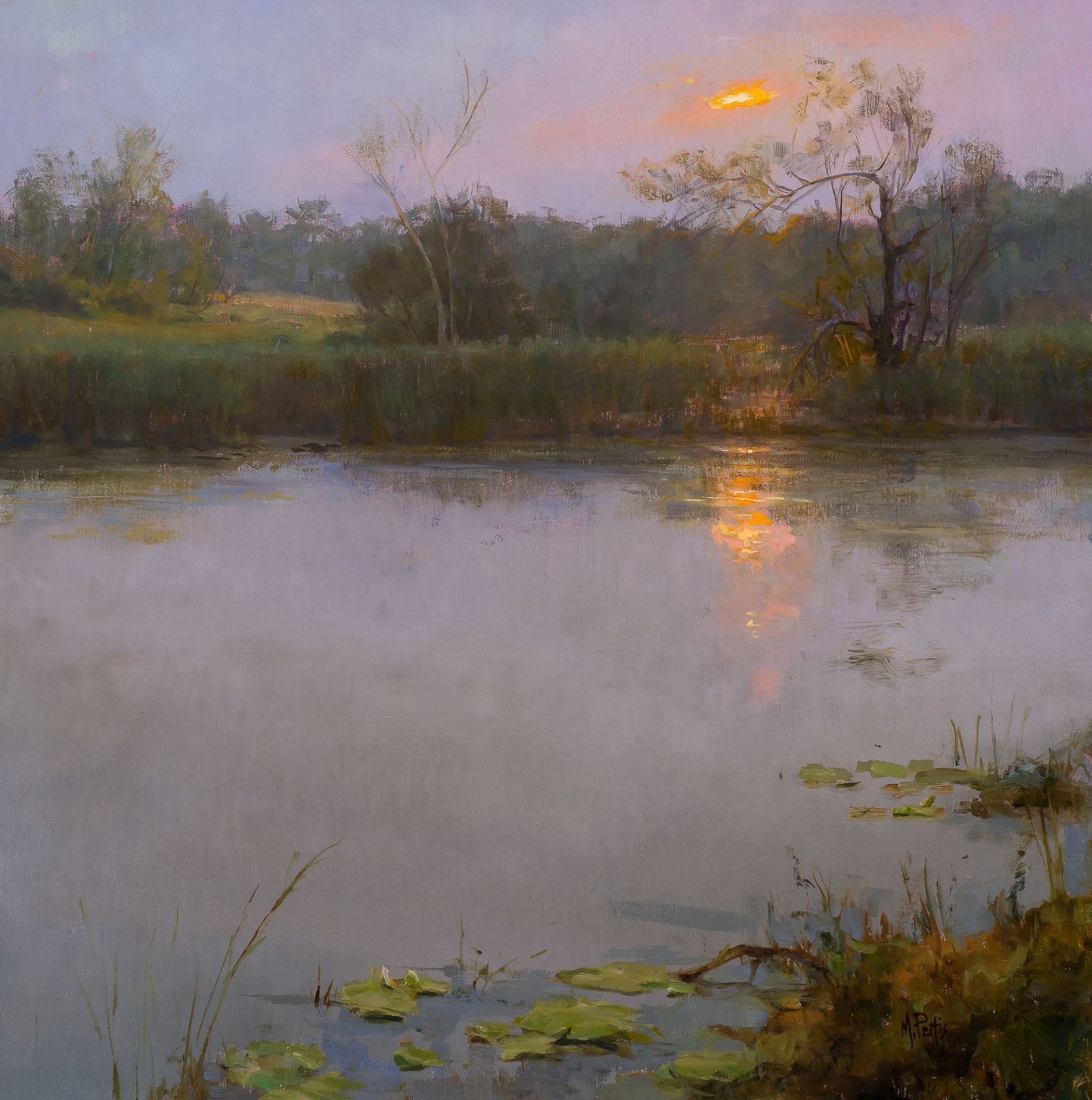 PleinAir Salon Online Art Competition February 2023 Top 100 Finalist Mary Pettis Sandhill Crane Morning Sunrise over Lake Landscape Oil Painting