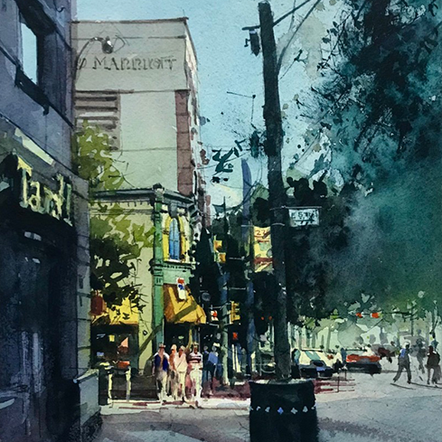 12th Annual PleinAir Salon Art Competition Annual Awards Semi-Finalist Richie Vios Yellow Canopy Cityscape Watercolor Painting