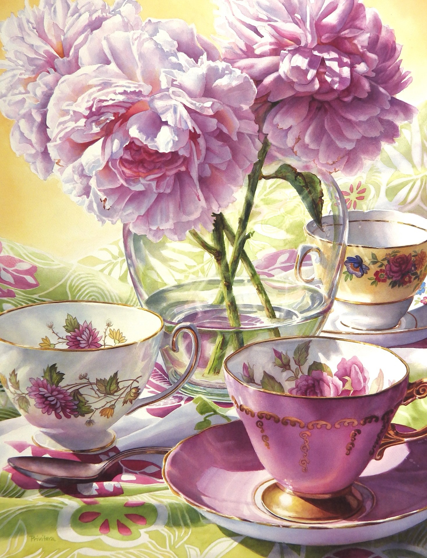 PleinAir Salon Online Art Competition February 2023 Honorable Mention Lana Privitera Pink Day at the Office Peony and Teacup Still Life Watercolor Painting
