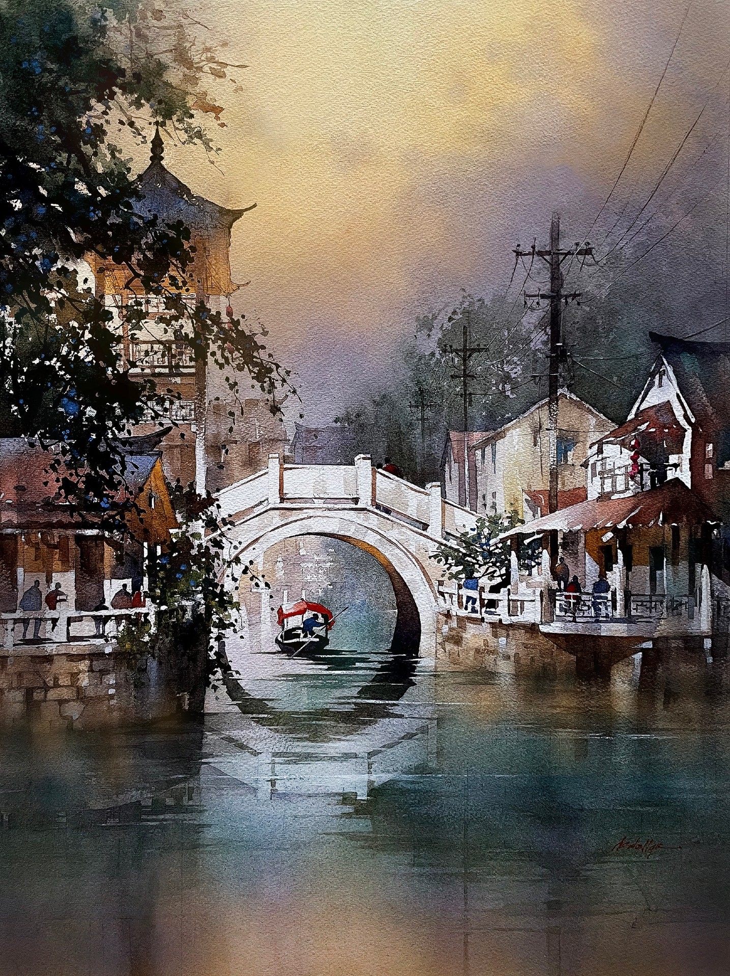 February 2023 PleinAir Salon Online Art Competition Top 100 Finalist Thomas W. Schaller Quiet River Cityscape Over Bridge Watercolor Painting