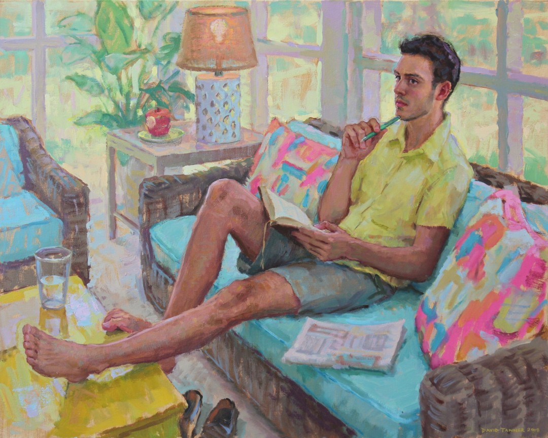 PleinAir Salon Online Art Competition February 2023 Winner David Tanner Waiting for the Light to Go On Male Figure on Couch Oil Painting