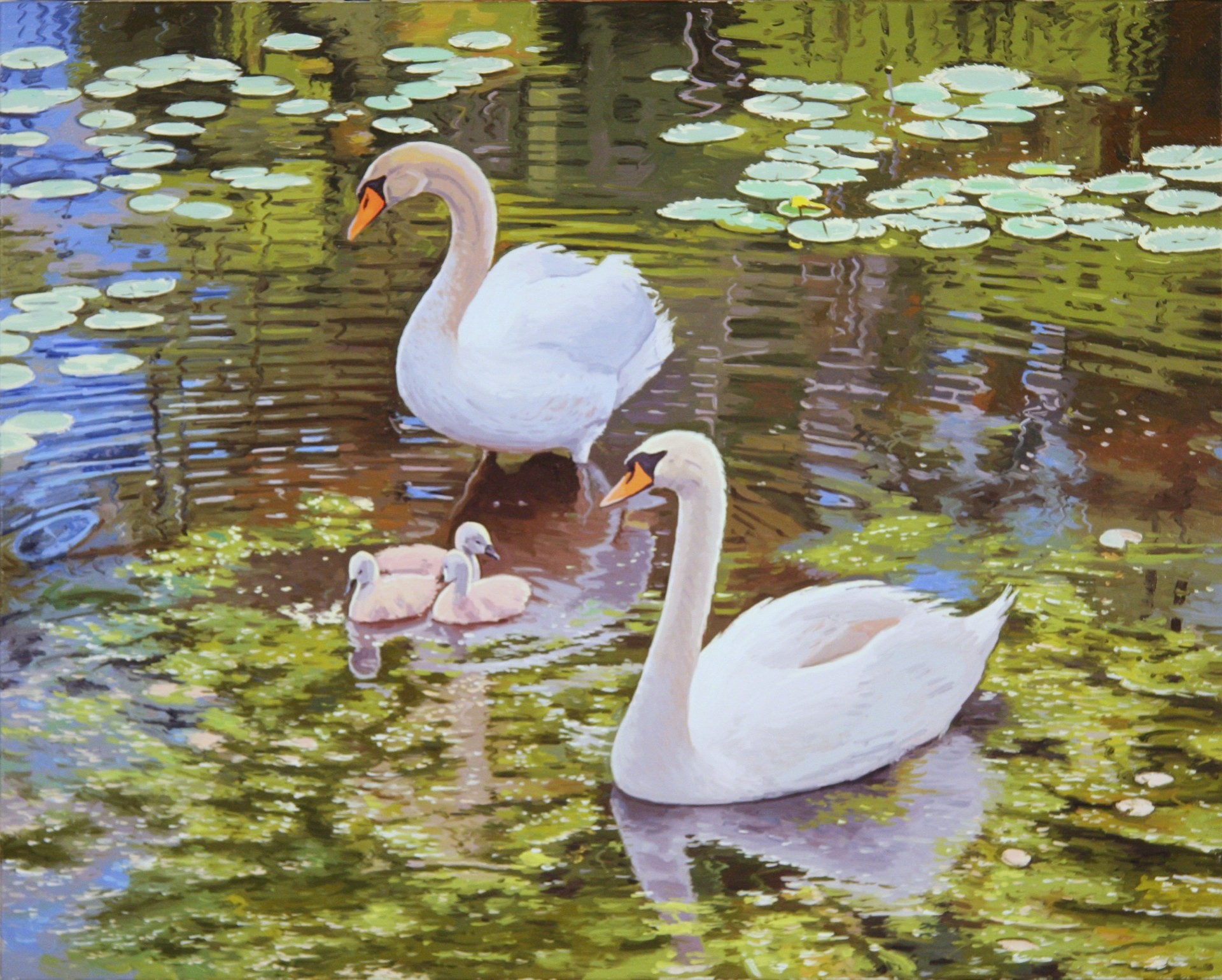 PleinAir Salon Online Art Competition February 2023 Top 100 Finalist James Wolford Cob, pen and cygnets Swans on Lake Oil Painting