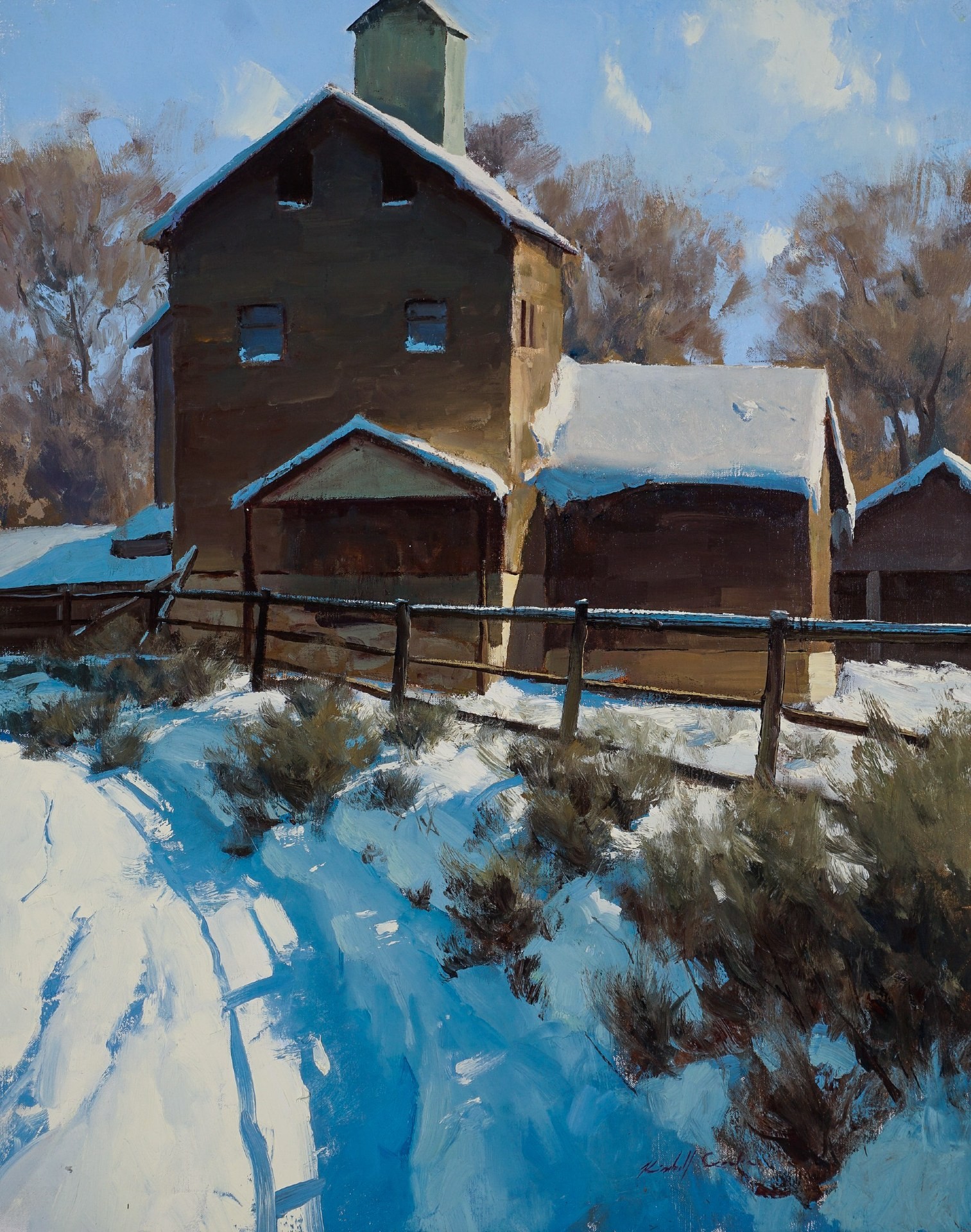 PleinAir Magazine's 12th Annual PleinAir Salon Awards March Top 100 Finalist Kimball Geisler An Old Mill in Winter, Just Outside the Town of Rexburg, ID Building