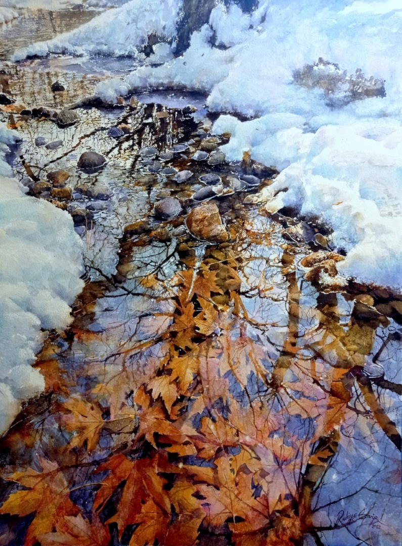 12th Annual PleinAir Salon Annual Art Competition Top 25 Finalist Rukiye Garip Winter Reflection hyperrealism watercolor painting of snow and fall leaves under water
