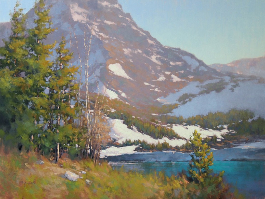 12th Annual PleinAir Salon Annual Art Competition Top 25 Finalist Barbara Jaenicke Mountainside Iridescence Mountainscape with lake Oil painting
