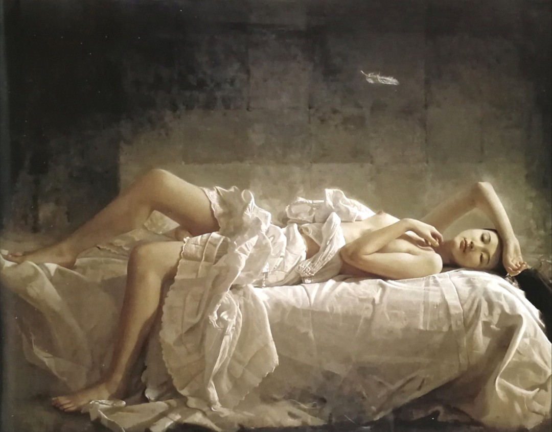 12th Annual PleinAir Salon Annual Art Competition Top 25 Finalist YiGang Mao Floating Dream Semi-nude woman on bed with feather Oil painting