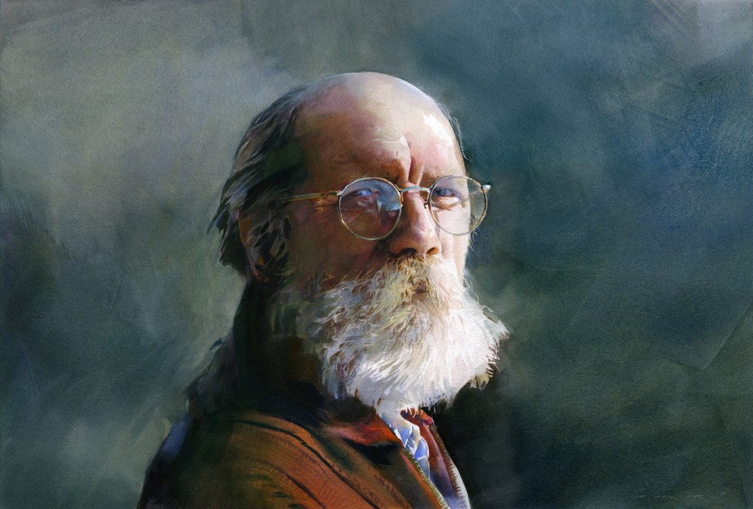 12th Annual PleinAir Salon Annual Art Competition Top 25 Finalist Stan Miller Nick's Gaze Watercolor Portrait of Older White Man with Beard