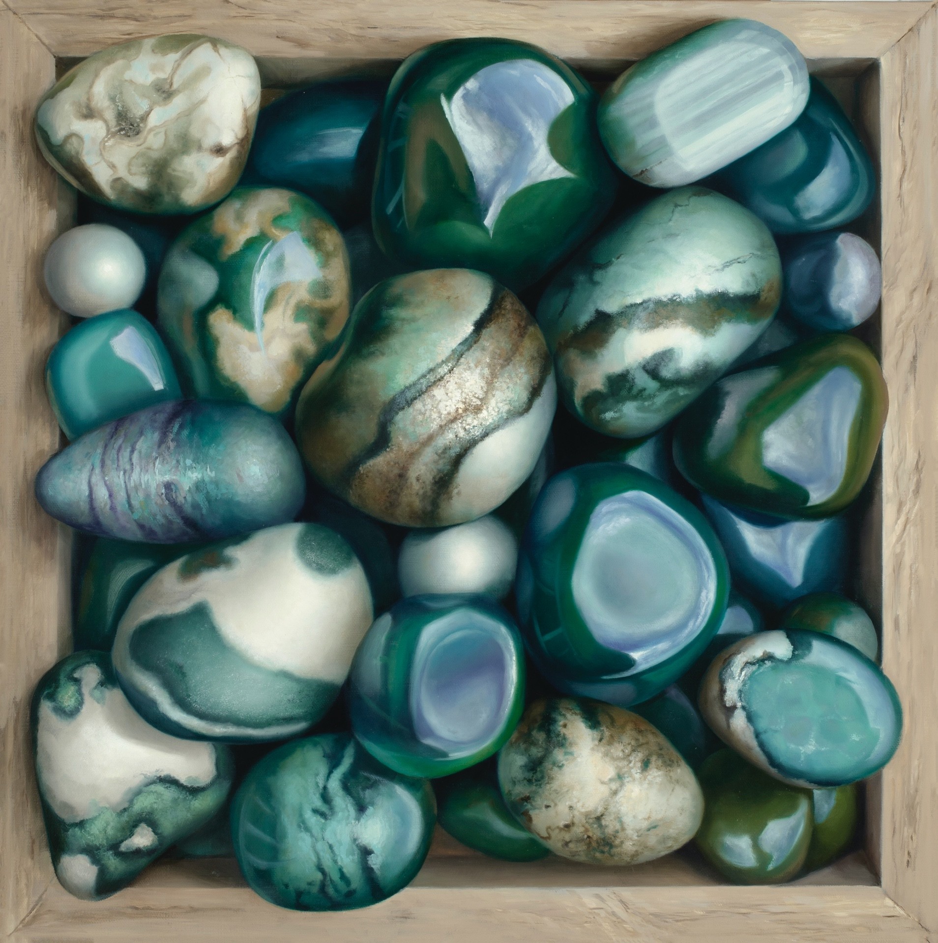 PleinAir Magazine's 13th Annual PleinAir Salon Art Competition July Top 100 Lara Restelli Rocks in a Box "Green" Still Life