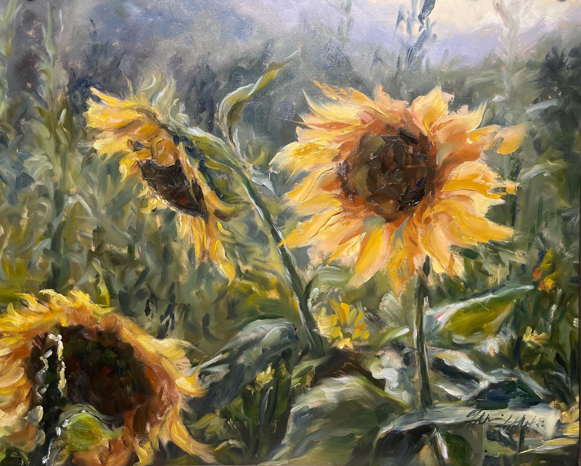 PleinAir Magazine's 13th Annual PleinAir Salon Art Competition February 2024 Honorable Mention Kinsey Aleksi painting of sunflowers in field