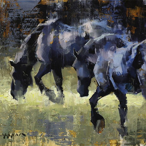 14th Annual PleinAir Salon Online Art Competition Animals & Birds Category painting of black horses by Jerry Markham