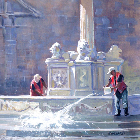 14th Annual PleinAir Salon Online Art Competition Artist Over 65 Category Painting of workers cleaning fountain by Ray Hassard