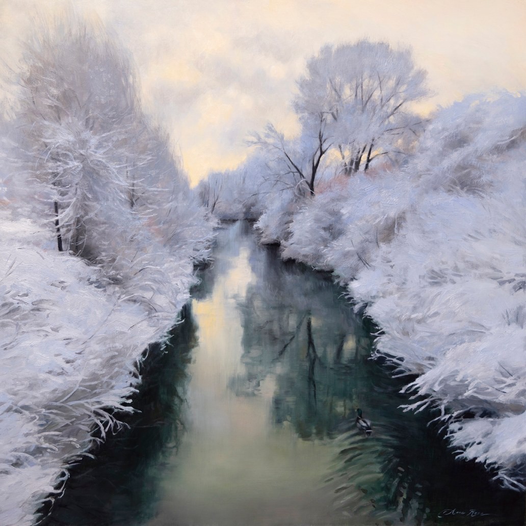 PleinAir Magazine's 13th Annual PleinAir Salon Art Competition February 2024 Honorable Mention Anna Bain painting of snow and ice covered trees lining a river