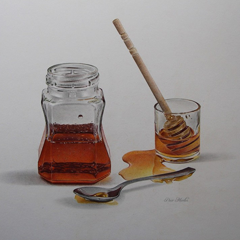 14th Annual PleinAir Salon Online Art Competition Drawing category colored pencil drawing of honey pot and utensils by Paco Martin