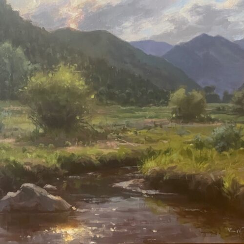 PleinAir Magazine's 13th Annual PleinAir Salon Art Competition February 2024 Winner Bill Farnswroth landscape painting of mountains and creek in sunlight