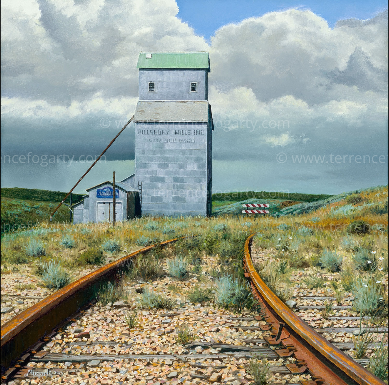 PleinAir Magazine's 13th Annual PleinAir Salon Art Competition February 2024 Top 100 Terrence Fogarty painting of train tracks and grain building