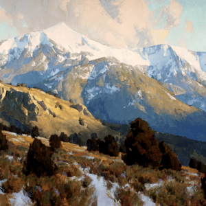 14th Annual PleinAir Salon Online Art Competition Landscape category snow-capped mountain and meadow painting by Kimball Geisler