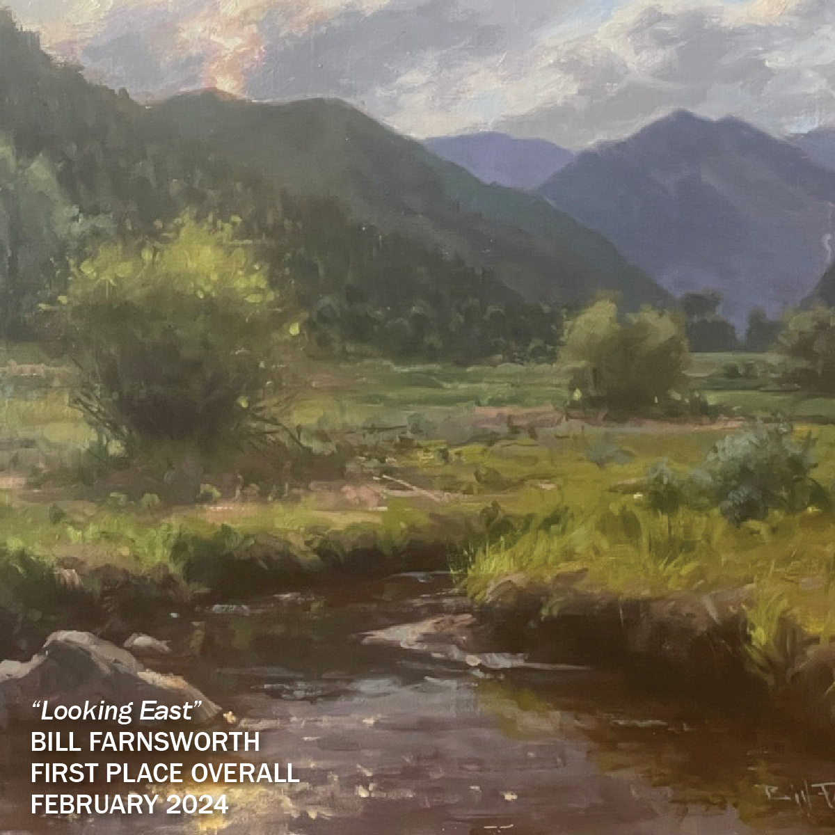 atmospheric landscape painting of meadow and mountains first place overall February winner bill Farnsworth