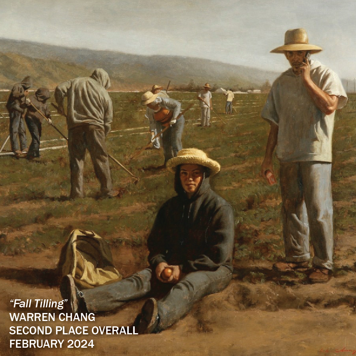 landscape painting of migrant workers resting in field second place overall winner February 2024 warren chang