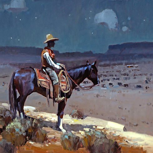 14th Annual PleinAir Salon Online Art Competition Western Category painting of cowboy on mesa at night by Jim Wodark