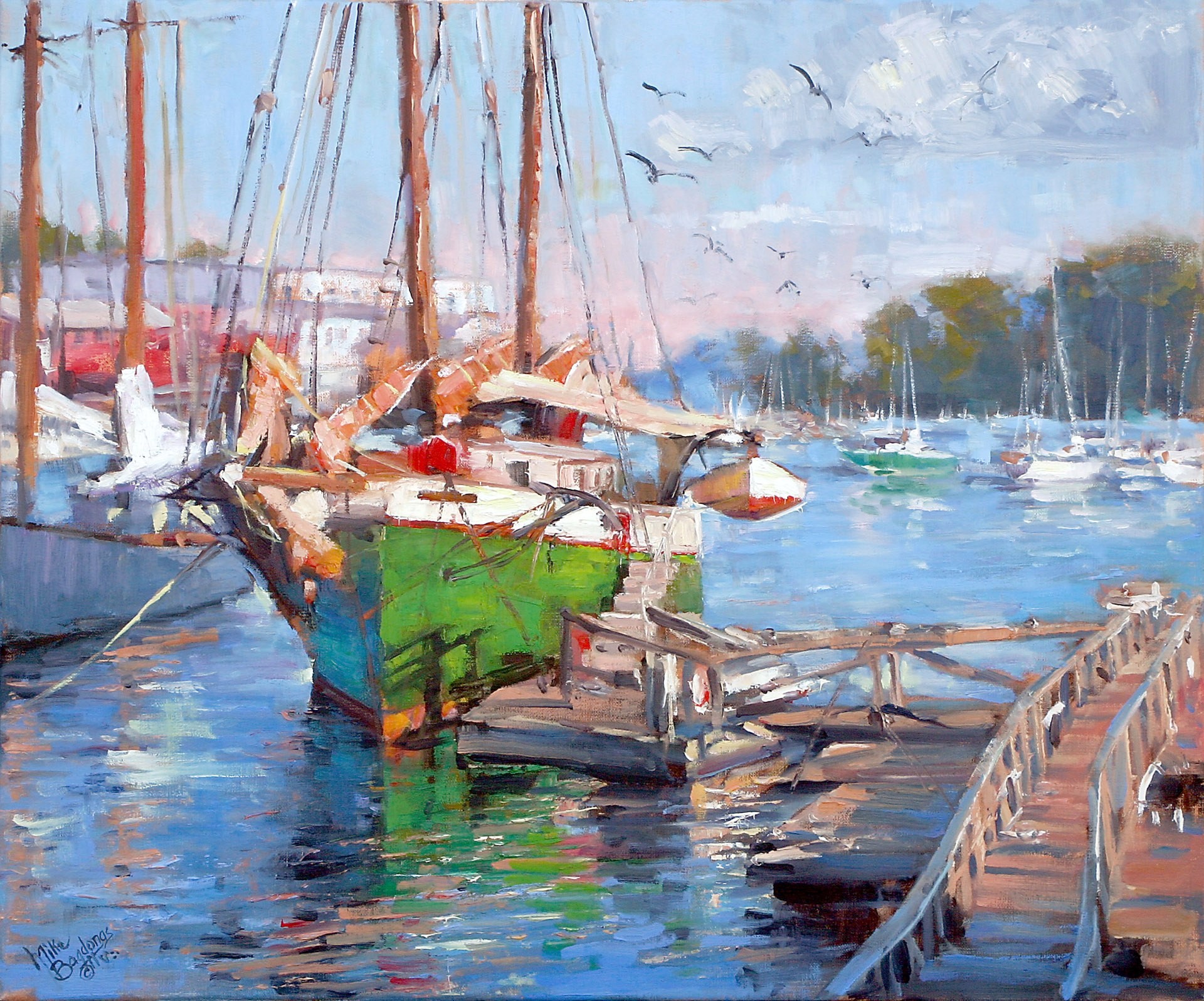 13th Annual PleinAir Salon Annual Competition Top 25 Finalist Mike Bagdonas Camden Windjammer Boat in Marina Oil Painting