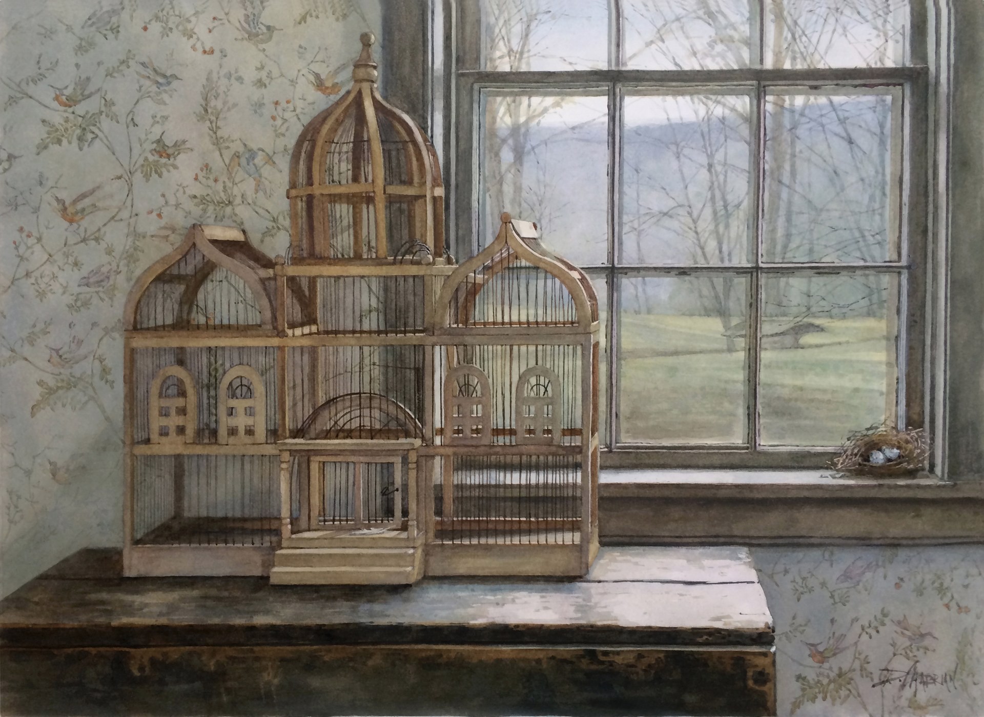 13th Annual PleinAir Salon Annual Competition Top 25 Finalist Deborah Chabrian Empty Nest decorative nests on table next to window watercolor painting