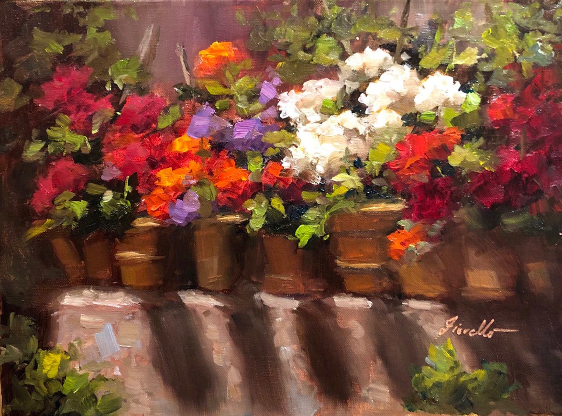 13th Annual PleinAir Salon Annual Competition Top 25 Finalist Pat Fiorello Wall of Flowers oil painting of potted flowers