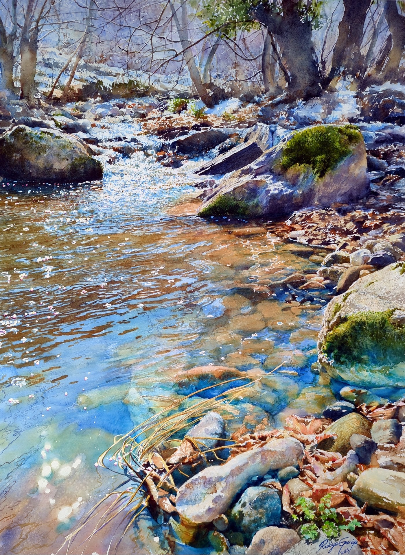 13th Annual PleinAir Salon Annual Competition Top 25 Finalist Rukiye Garip Creek watercolor painting of creek