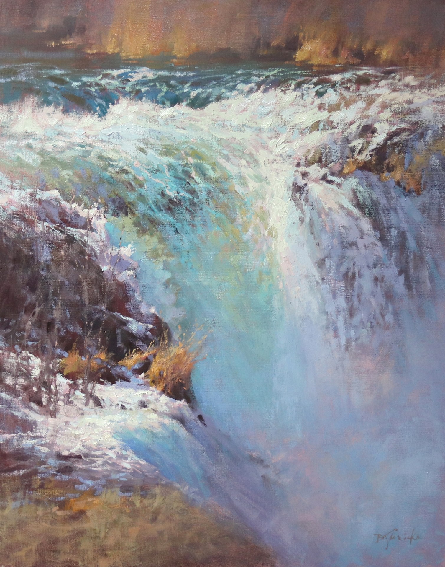 13th Annual PleinAir Salon Annual Competition Top 25 Finalist Barbara Jaenicke Steelhead Falls Drop-off oil painting of iridescent waterfall