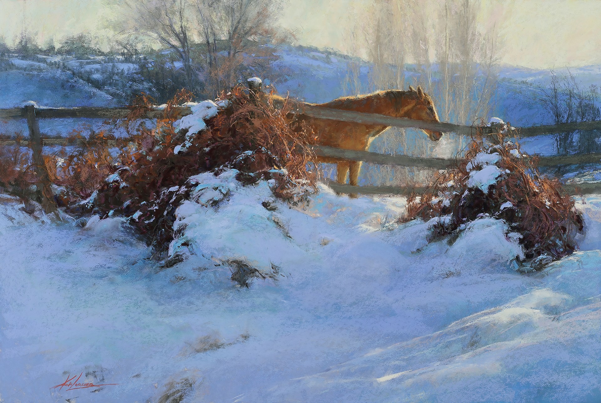 13th Annual PleinAir Salon Annual Competition Top 25 Finalist Kim Lordier Baby It's Cold Outside pastel painting of horse in snowy field