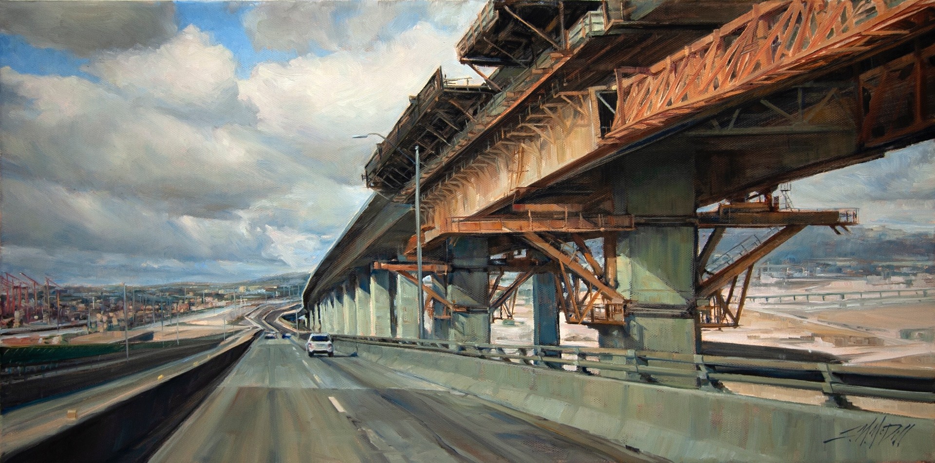 13th Annual PleinAir Salon Annual Competition Top 25 Finalist Lisa Mozzini-McDill Building Bridges oil painting of bridge next to freeway
