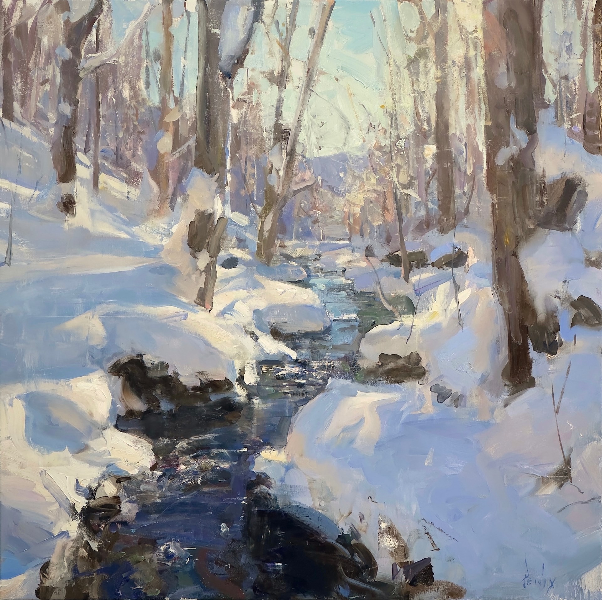 13th Annual PleinAir Salon Annual Competition Top 25 Finalist Derek Penix Icy Brook and powder banks oil painting of snowy creek