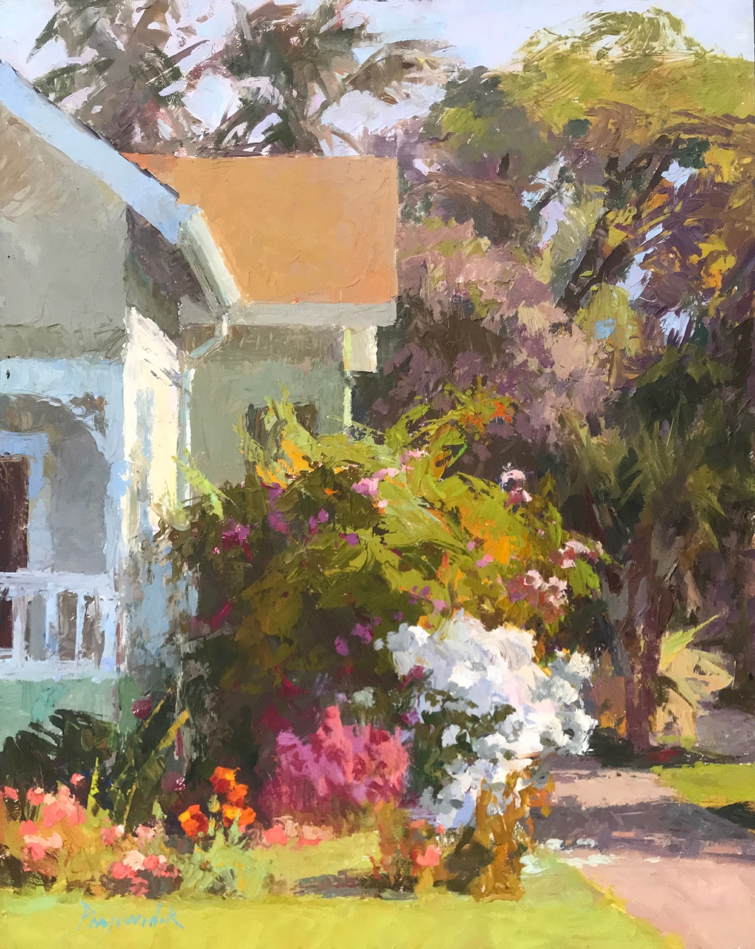 13th Annual PleinAir Salon Annual Competition Top 25 Finalist Camille Przewodek White Roses oil painting of house and rose bushes