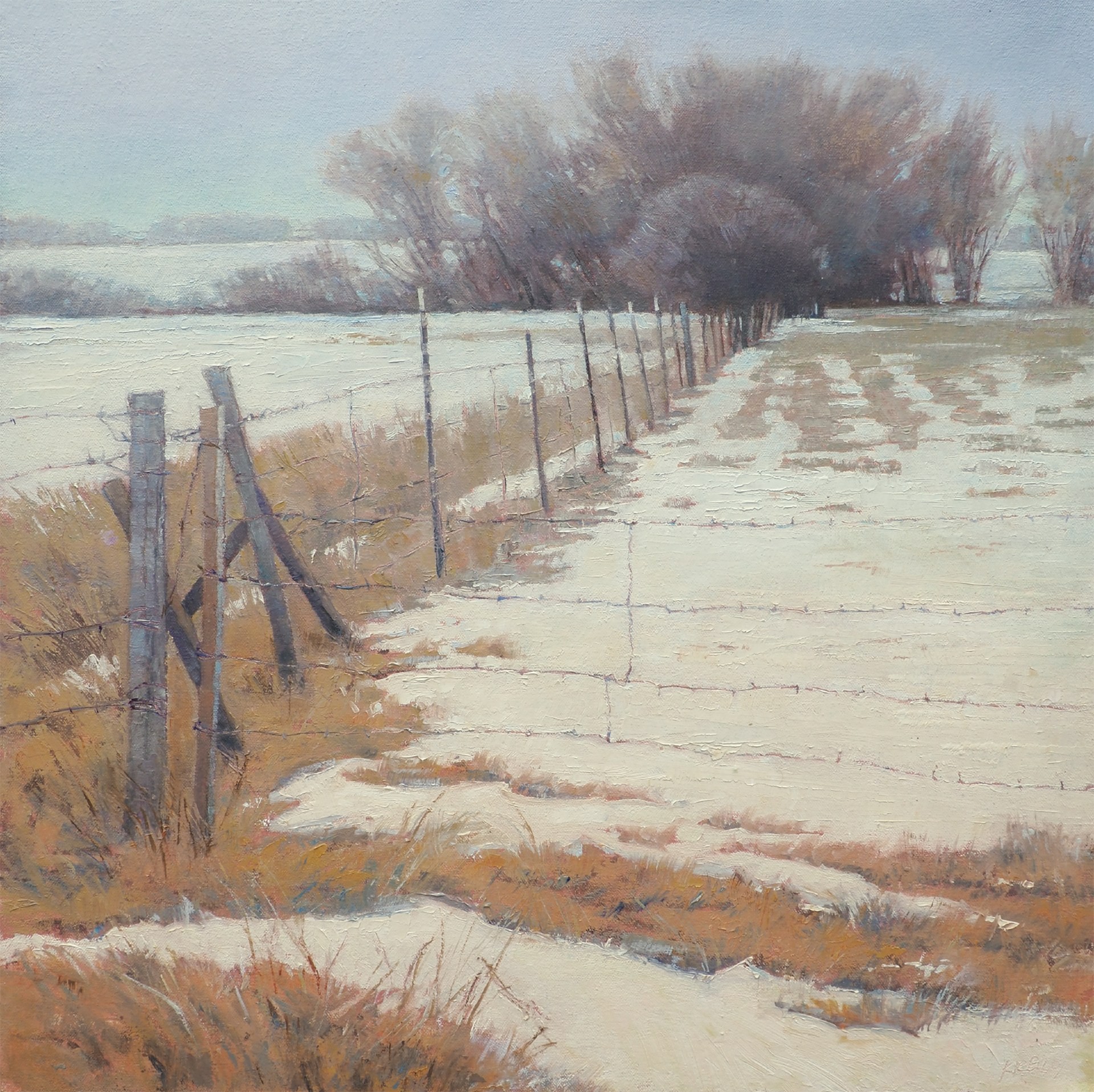 13th Annual PleinAir Salon Annual Competition Top 25 Finalist Kathleen Reilly Fence Line oil painting of snowy field and fence