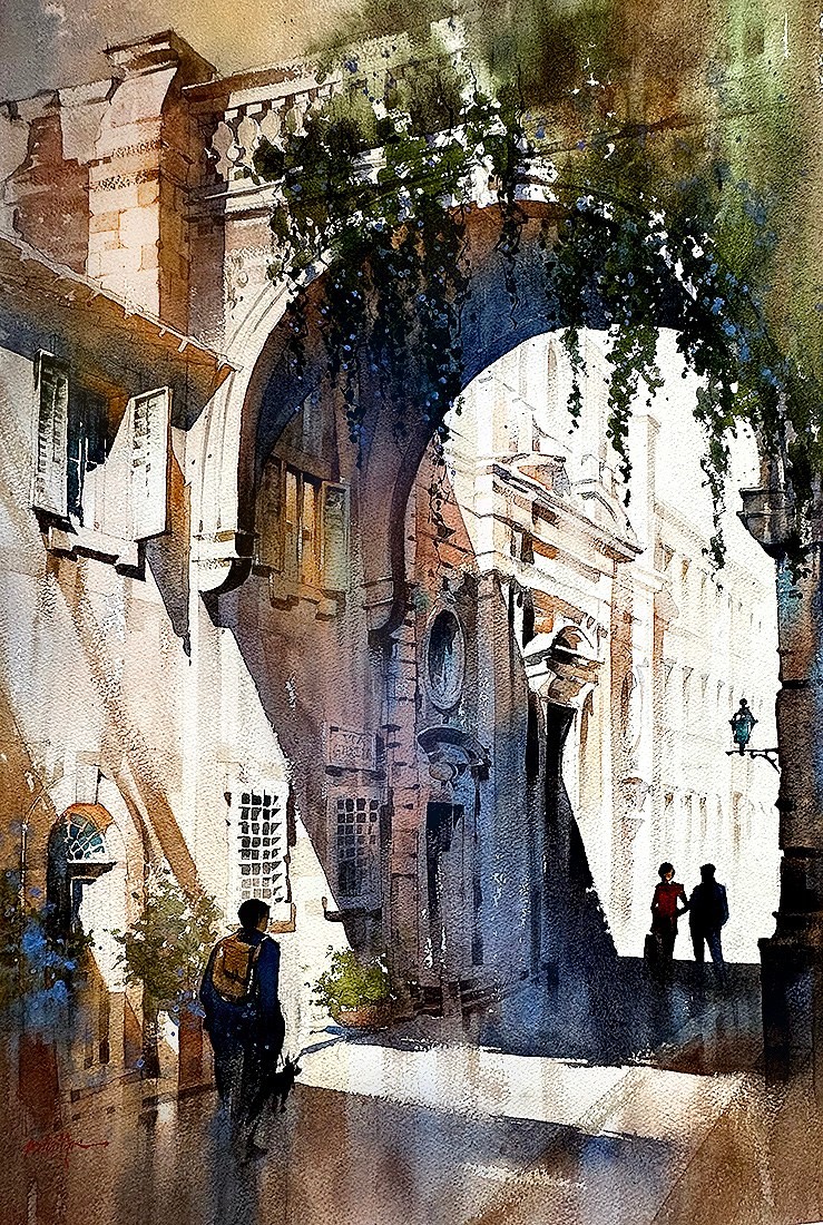 13th Annual PleinAir Salon Annual Competition Top 25 Finalist Thomas W Schaller Shadow Patterns watercolor painting of building and shadows