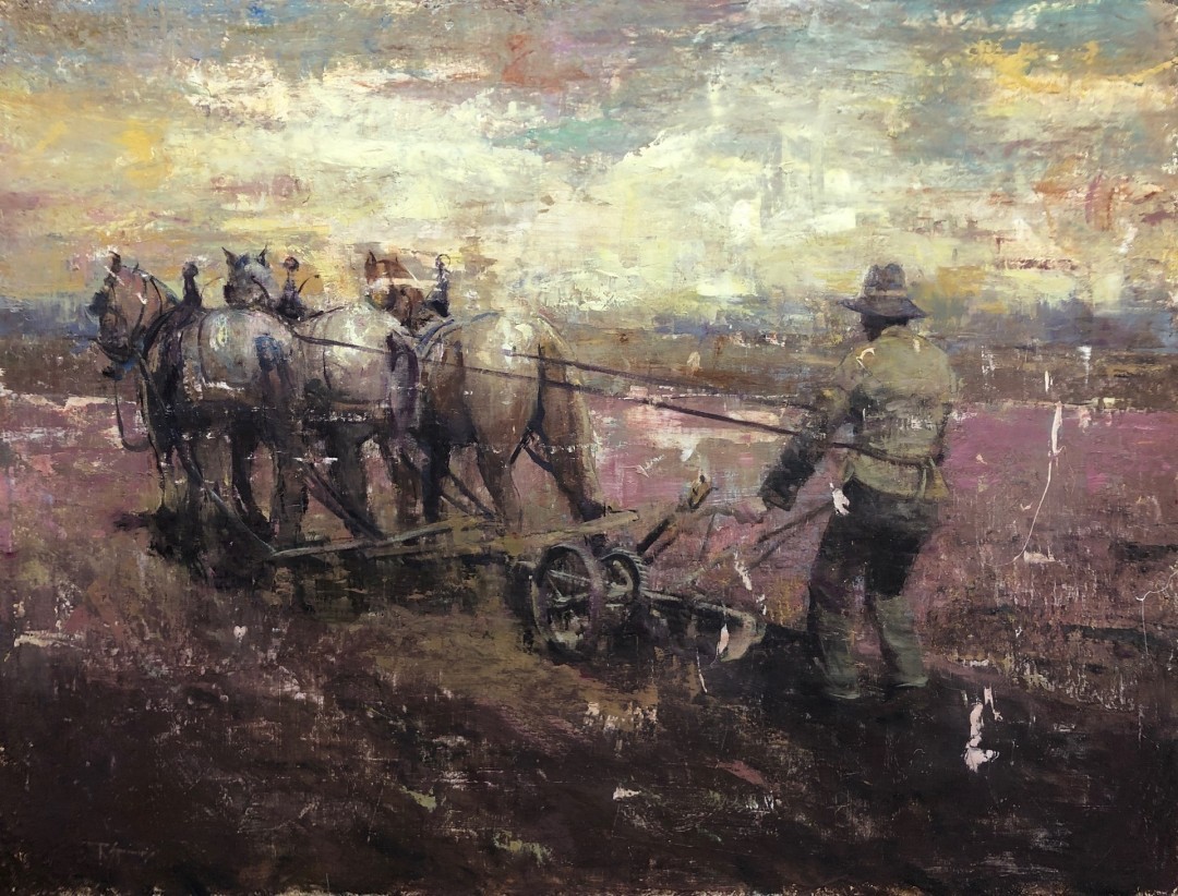 13th Annual PleinAir Salon Annual Competition Top 25 Finalist Robert Spooner Last Field to Plow oil painting of man and horses plowing fields