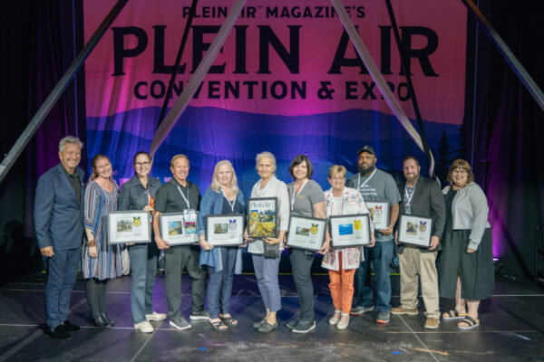 13th Annual PleinAir Salon winners on stage at the Plein Air Convention with publisher Eric Rhoads and editor Kelly Kane