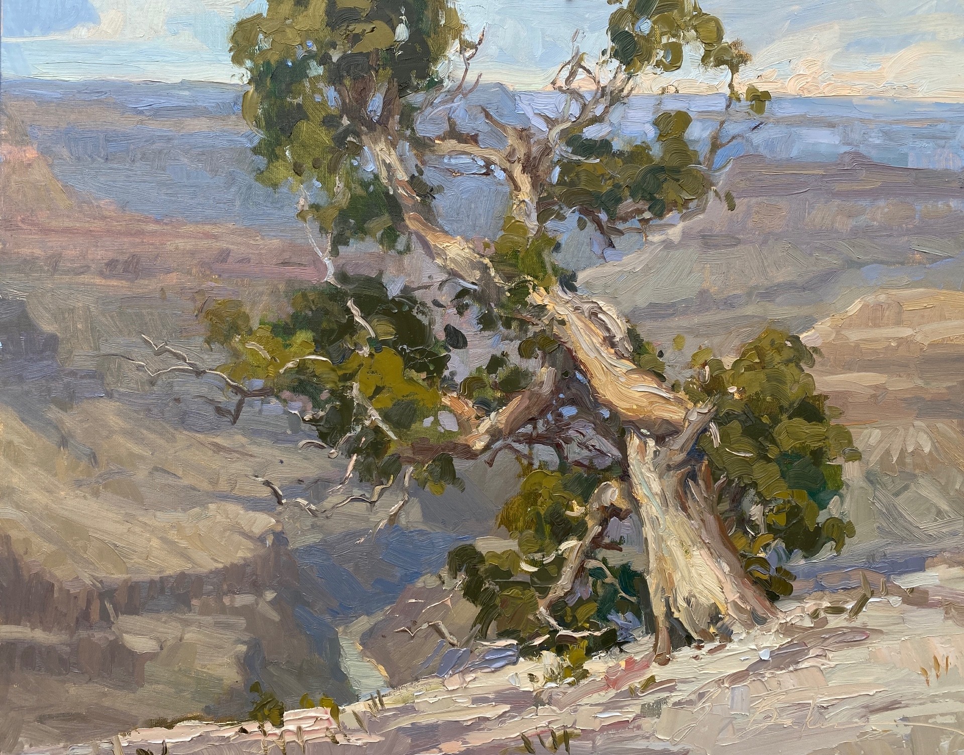 13th Annual PleinAir Salon Annual Competition Top 25 Finalist Susie Baker Past Present and Future oil painting on tree at rim of canyon