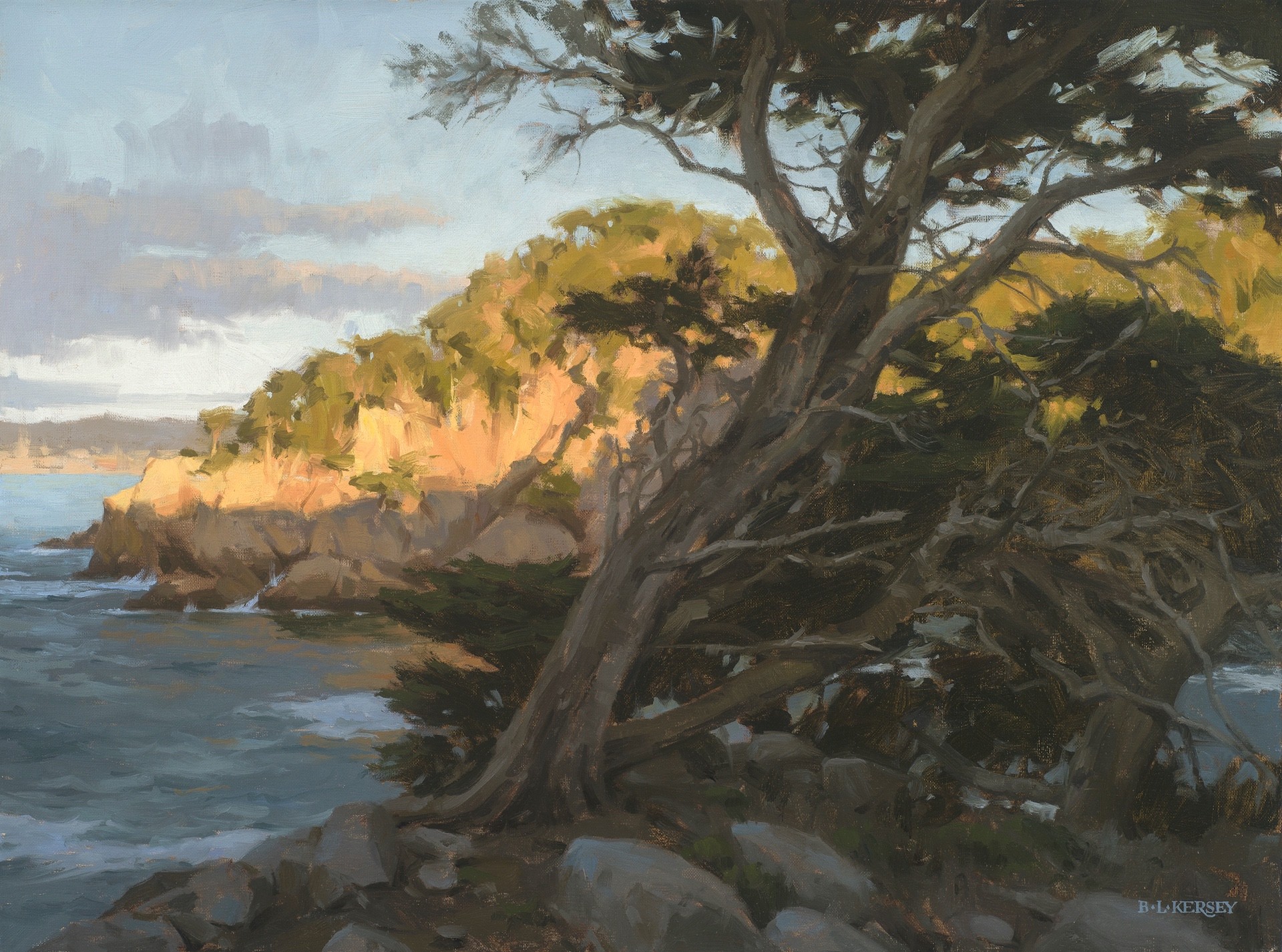 13th Annual PleinAir Salon Annual Competition Top 25 Finalist Laurie Kersey Cypress Coast Sunset oil painting of cypress tree on coast