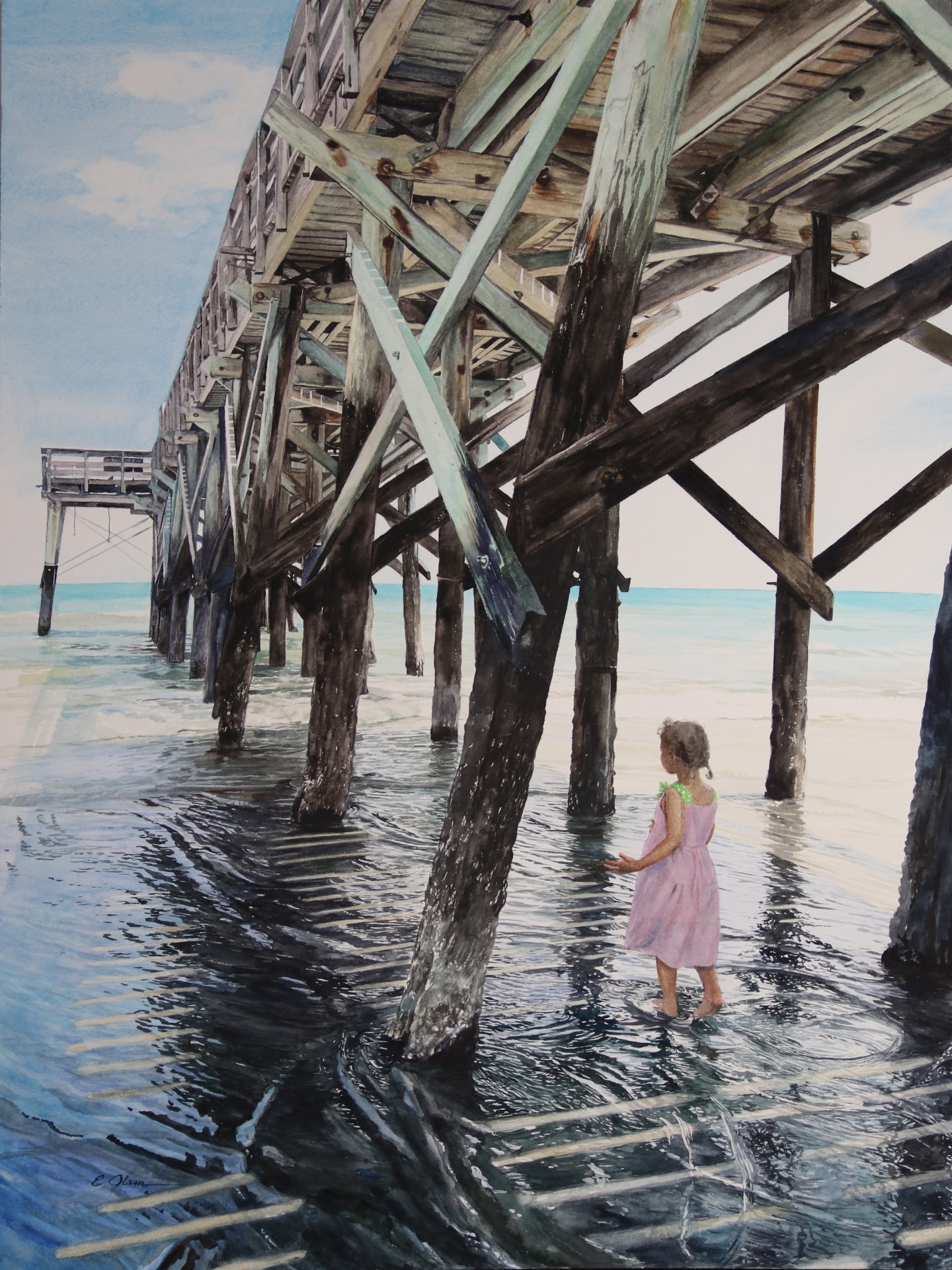13th Annual PleinAir Salon Annual Competition Top 25 Finalist Emily Olson Music of the waves watercolor painting of girl in water under dock