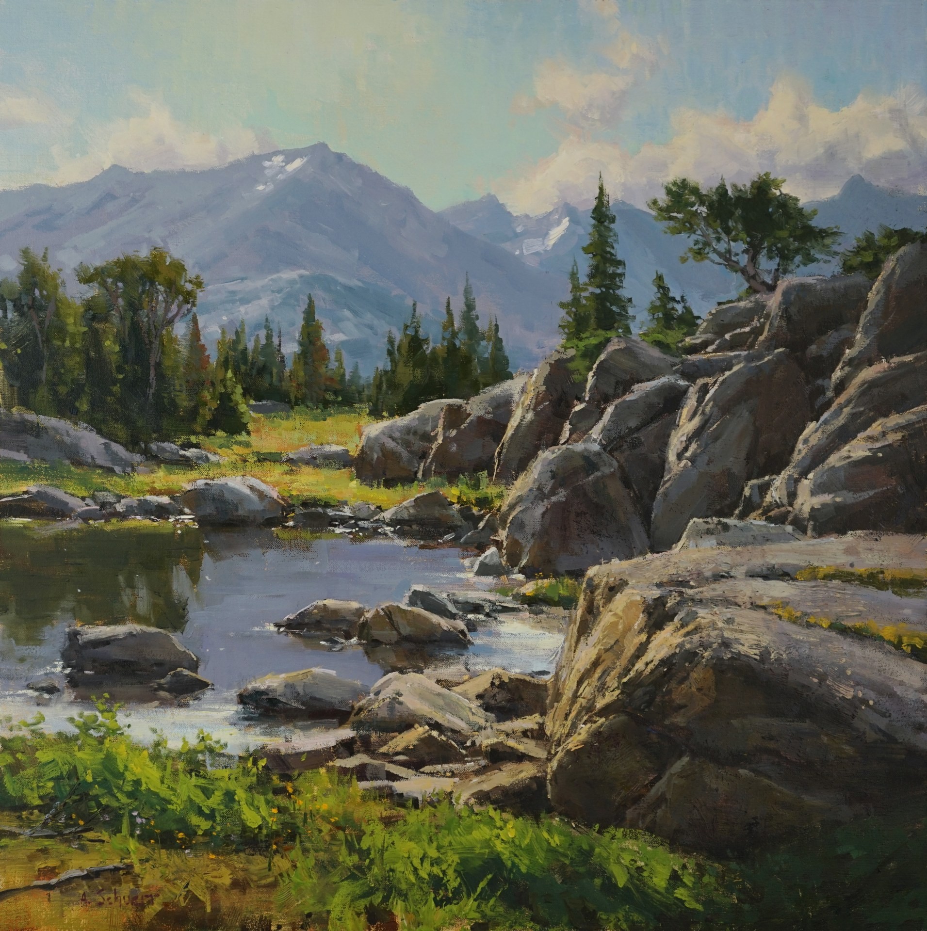 13th Annual PleinAir Salon Annual Competition Top 25 Finalist Aaron SChuerr Mountain Rest oil painting of stream and distant mountains